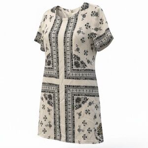 LOFT Navy White Toile Print Rayon Shift Dress Lined Short Sleeve Size Small